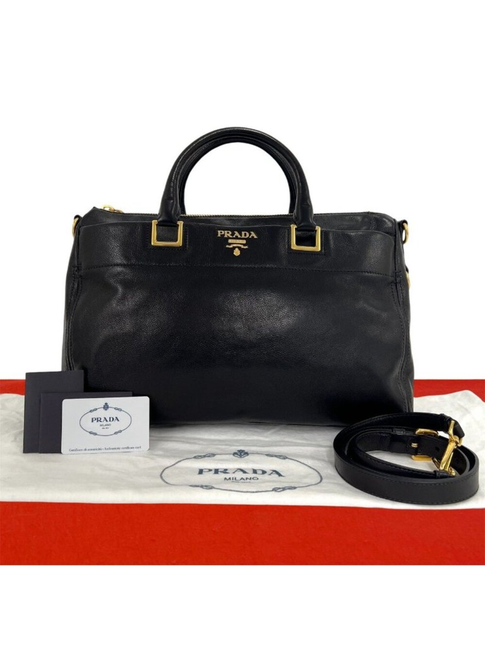 Prada Logo Leather 2-Way Shoulder Bag Business Black